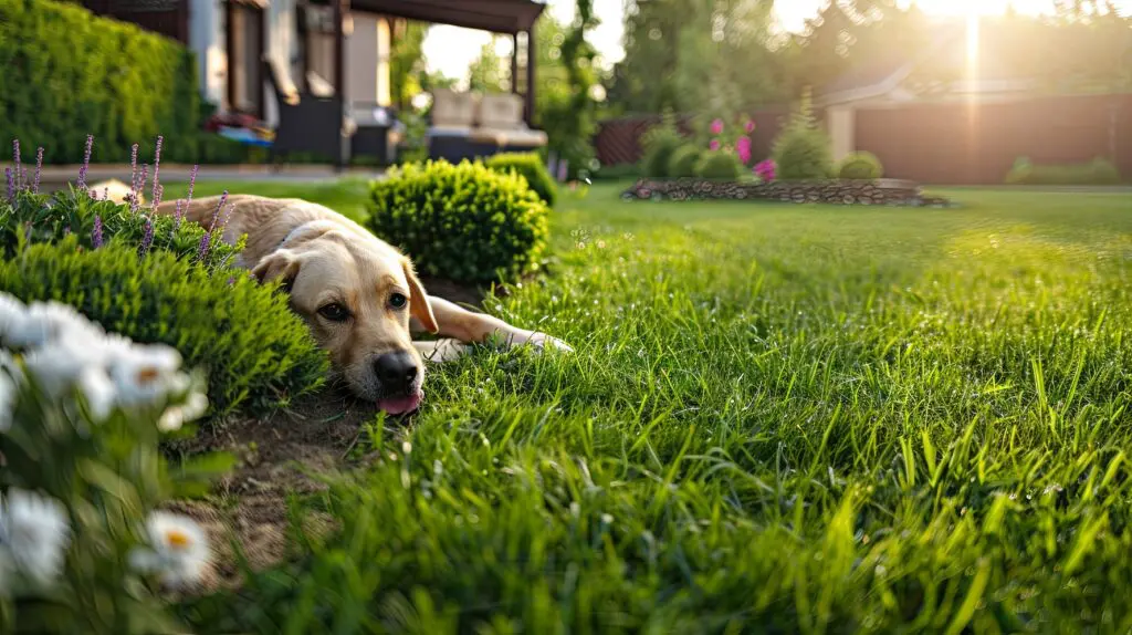 Yellow Labrador sleeping on green grass with the sun beaming in from the background.