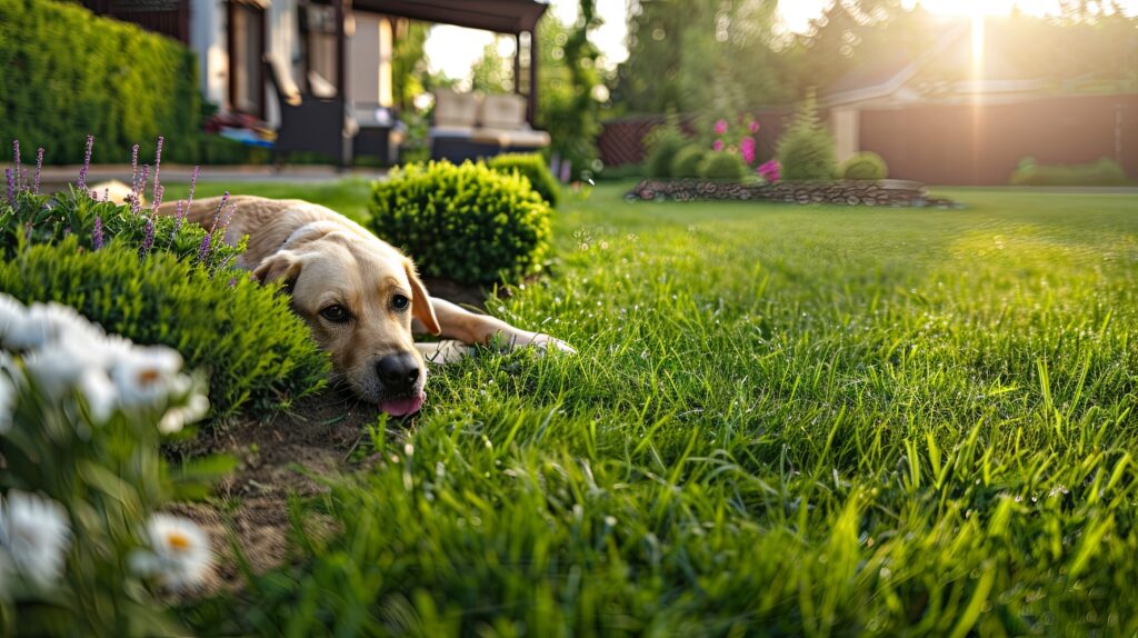 Yellow Labrador sleeping on green grass with the sun beaming in from the background.